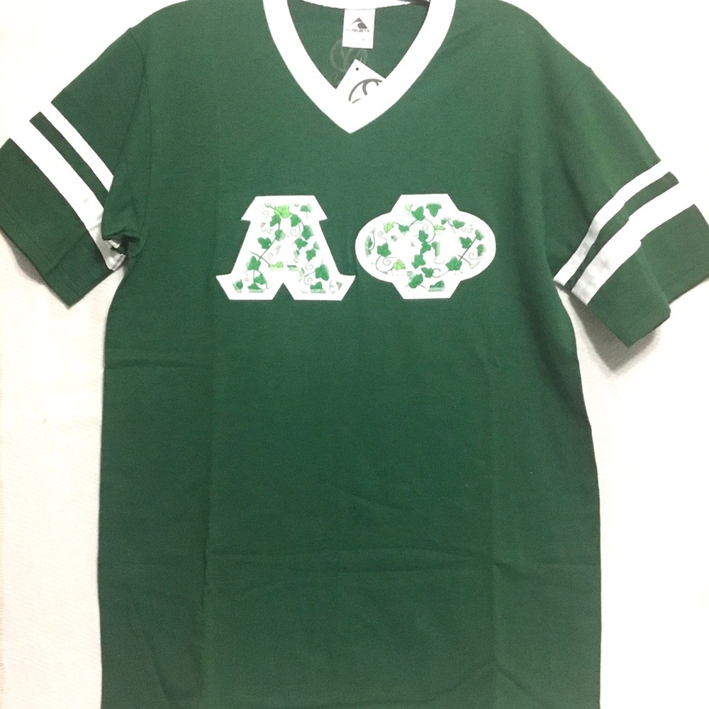 NWOT AUGUSTA SPORTWEAR "ALPHA PHI" SORORITY GREEN V-NECK T-SHIRT SZ MEDIUM